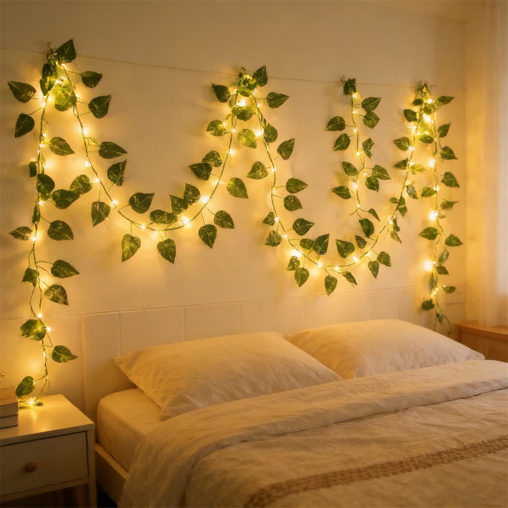 Outdoor Power For Wedding - LED Green Rattan Leaf Fairy Light